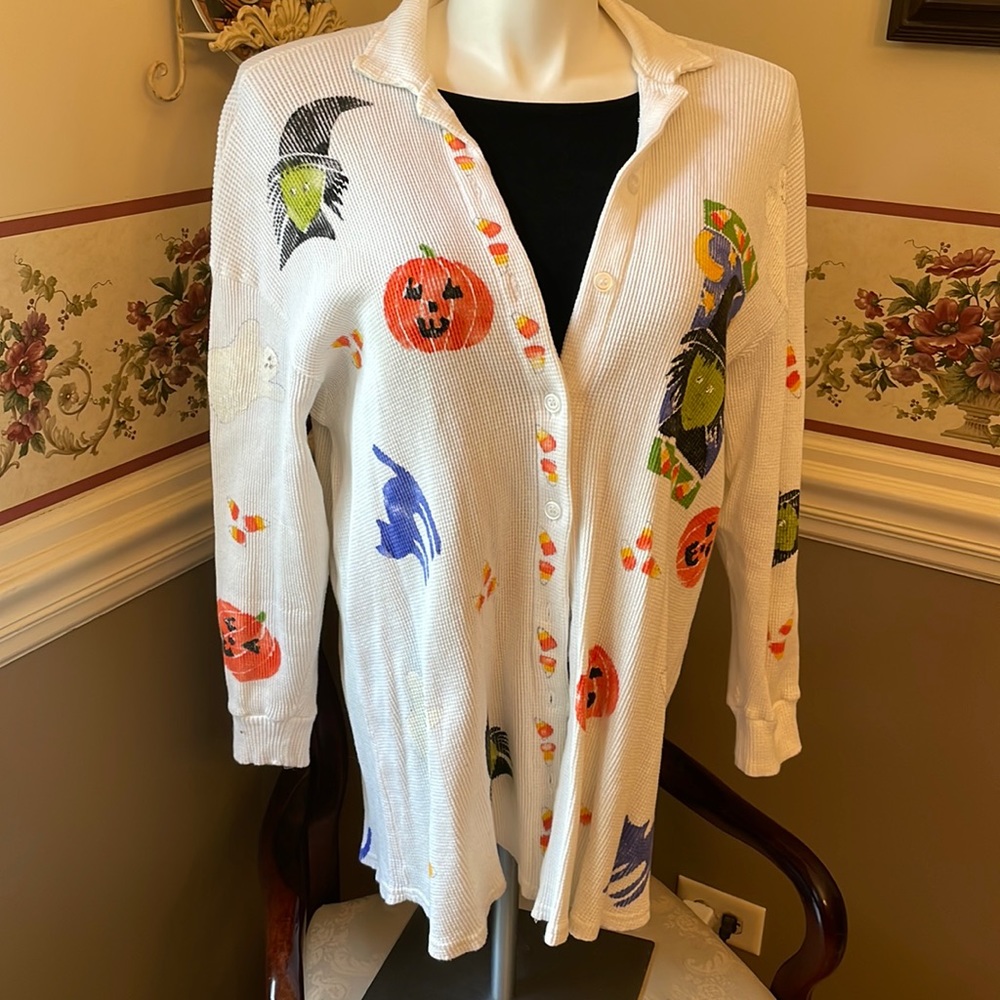 Handpainted Camper’s of Minneapolis unique cotton button-down Halloween shirt